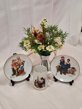 Norman Rockwell Collector Mug and Plates Set in White and Gold Trim
